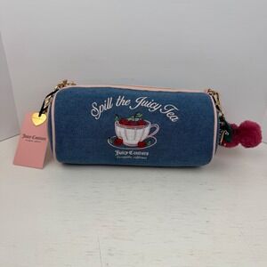 Juicy Couture Spill the Juicy Tea Denim Barrel Bag Blue Pink Cherry Embroidery